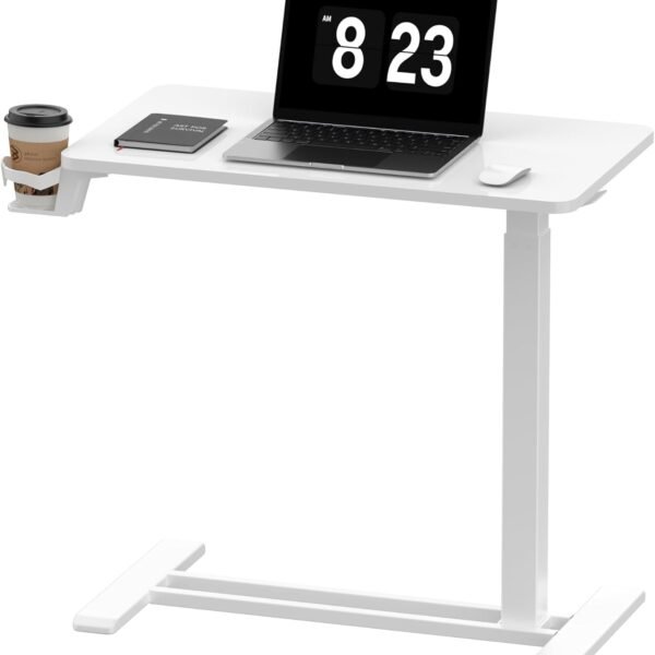 H7 Adjustable Overbed Bedside Table with Wheels Pneumatic Mobile Standing Desk Laptop Desk Rolling Computer Cart Movable Overbed Table Hospital Home Use(27.6" W x 15.7" D, White)