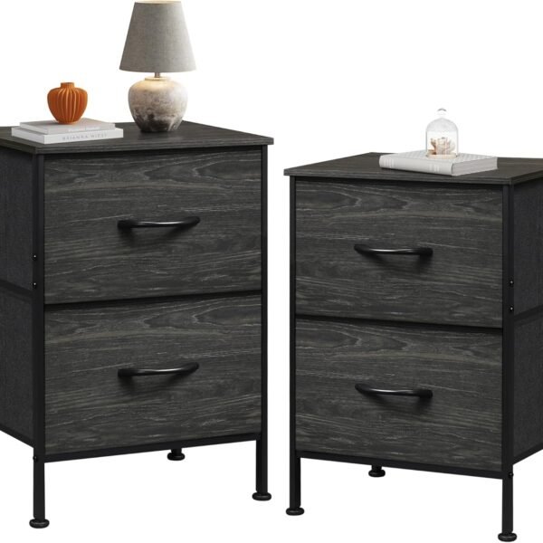 Night Stand, Small 2 Drawer Dresser, Nightstand with Fabric Bins for Bedroom, Closet, Dorm, Rustic Brown Wood Grain Print, 11.8" D x 15.7" W x 20.9" H