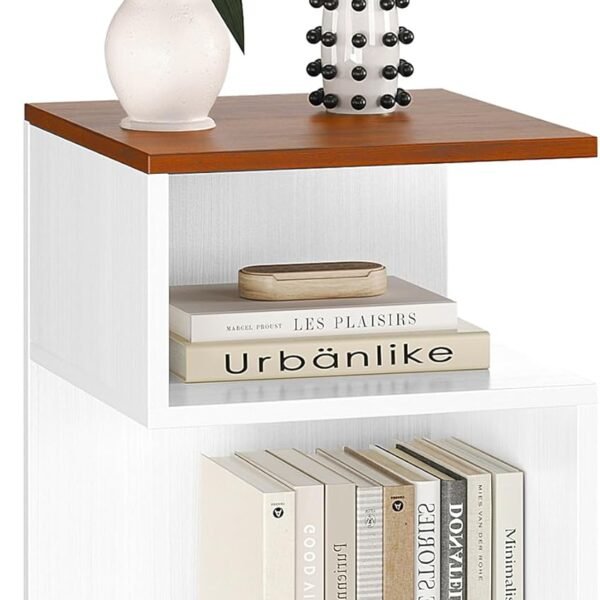 Tokyo S Flip Minimalist 3 Tier End Table with Fast Charging Station - USB C Cable Wood Nightstand for Small Spaces with Open Storage Bedside Table for Bedroom (Reverse, Natural w/Charging)