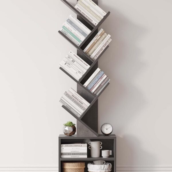 6 Tier Tree Bookshelf, Small Bookcase with Storage Cabinet, Modern Tall Narrow Bookshelves Organizer, Floor Standing Book Shelf for Bedroom/Living Room/Home Office/Corner, Rustic Brown
