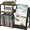 Black End Table, Small Side Table with Metal Frame,Modern Record Player Stand with Storage Shelf, Wood 3 Tier Sofa Bedside Tables, Narrow Nightstand for Living Room Bedroom Office