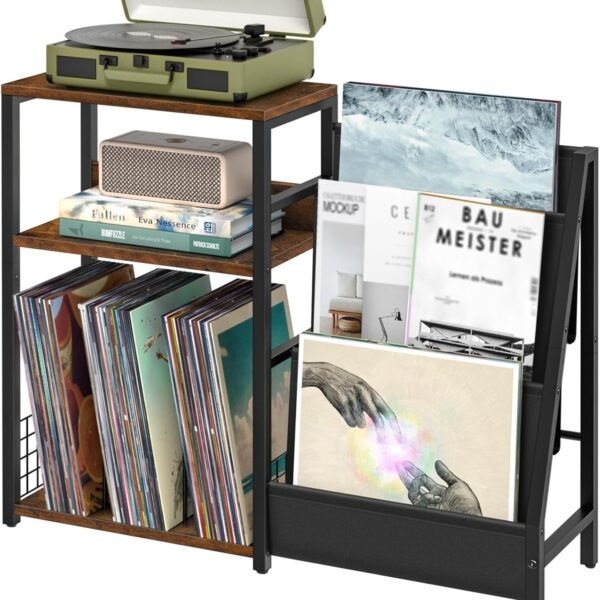 Black End Table, Small Side Table with Metal Frame,Modern Record Player Stand with Storage Shelf, Wood 3 Tier Sofa Bedside Tables, Narrow Nightstand for Living Room Bedroom Office