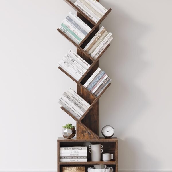 6 Tier Tree Bookshelf, Small Bookcase with Storage Cabinet, Modern Tall Narrow Bookshelves Organizer, Floor Standing Book Shelf for Bedroom/Living Room/Home Office/Corner, Rustic Brown