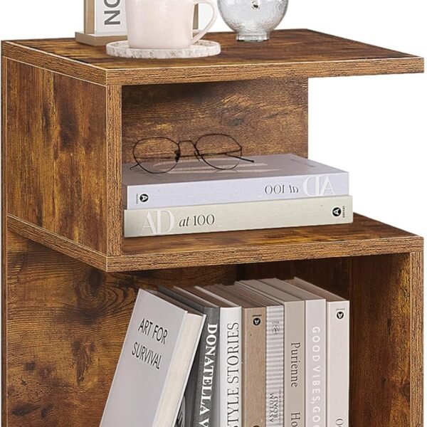 Tokyo S Flip Minimalist 3 Tier End Table with Fast Charging Station - USB C Cable Wood Nightstand for Small Spaces with Open Storage Bedside Table for Bedroom (Reverse, Natural w/Charging)