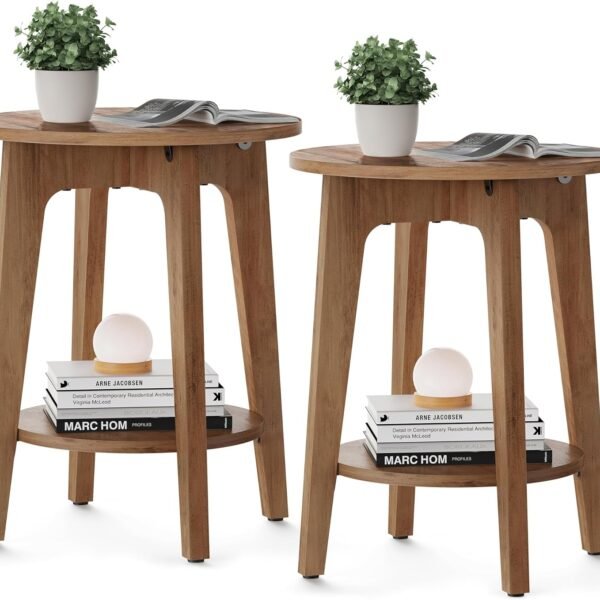 Side Table, Small Round End Table with Lower Shelf, Nightstand for Small Spaces, Living Room, Bedroom, Rustic Walnut ULET283T41