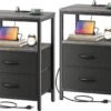 Nightstand with Charging Station, Side Table with Fabric Drawers, End Table with Open Shelf, Bedside Table with USB Ports and Outlets, Night Stand for Bedroom, Rustic Brown and Black