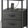 Nightstand with Charging Station, Side Table with Fabric Drawers, End Table with Open Shelf, Bedside Table with USB Ports and Outlets, Night Stand for Bedroom, Rustic Brown and Black
