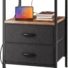 Nightstand with Charging Station, Side Table with Fabric Drawers, End Table with Open Shelf, Bedside Table with USB Ports and Outlets, Night Stand for Bedroom, Rustic Brown and Black